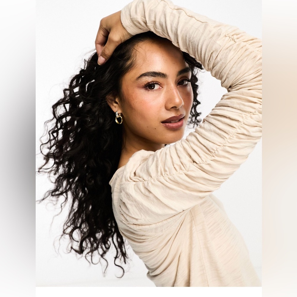 We The Free Beige Knit Lightweight Natasha Ruched Crop Top Boho Street Blouse